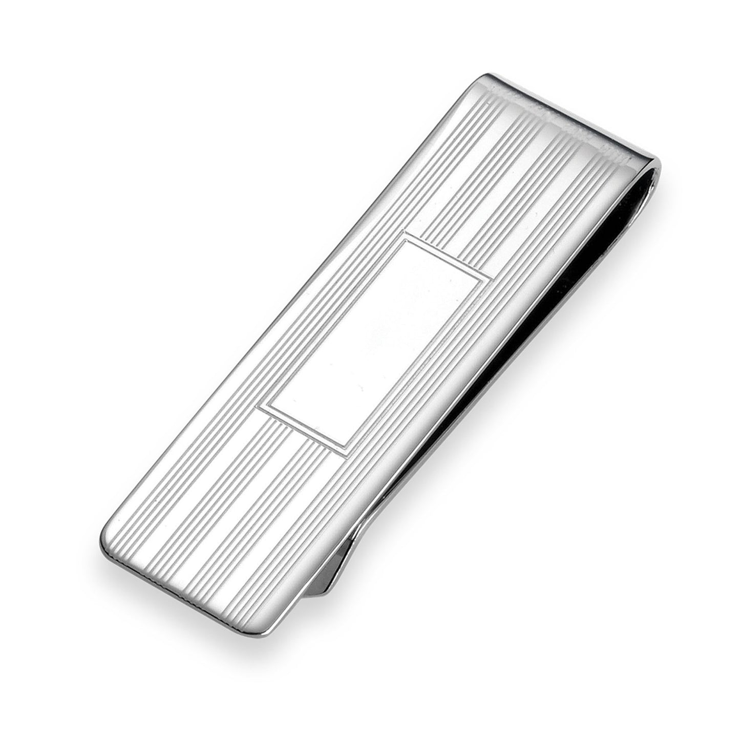 A 5 and 8" sterling silver narrow engine-turned money clip displayed on a neutral white background.