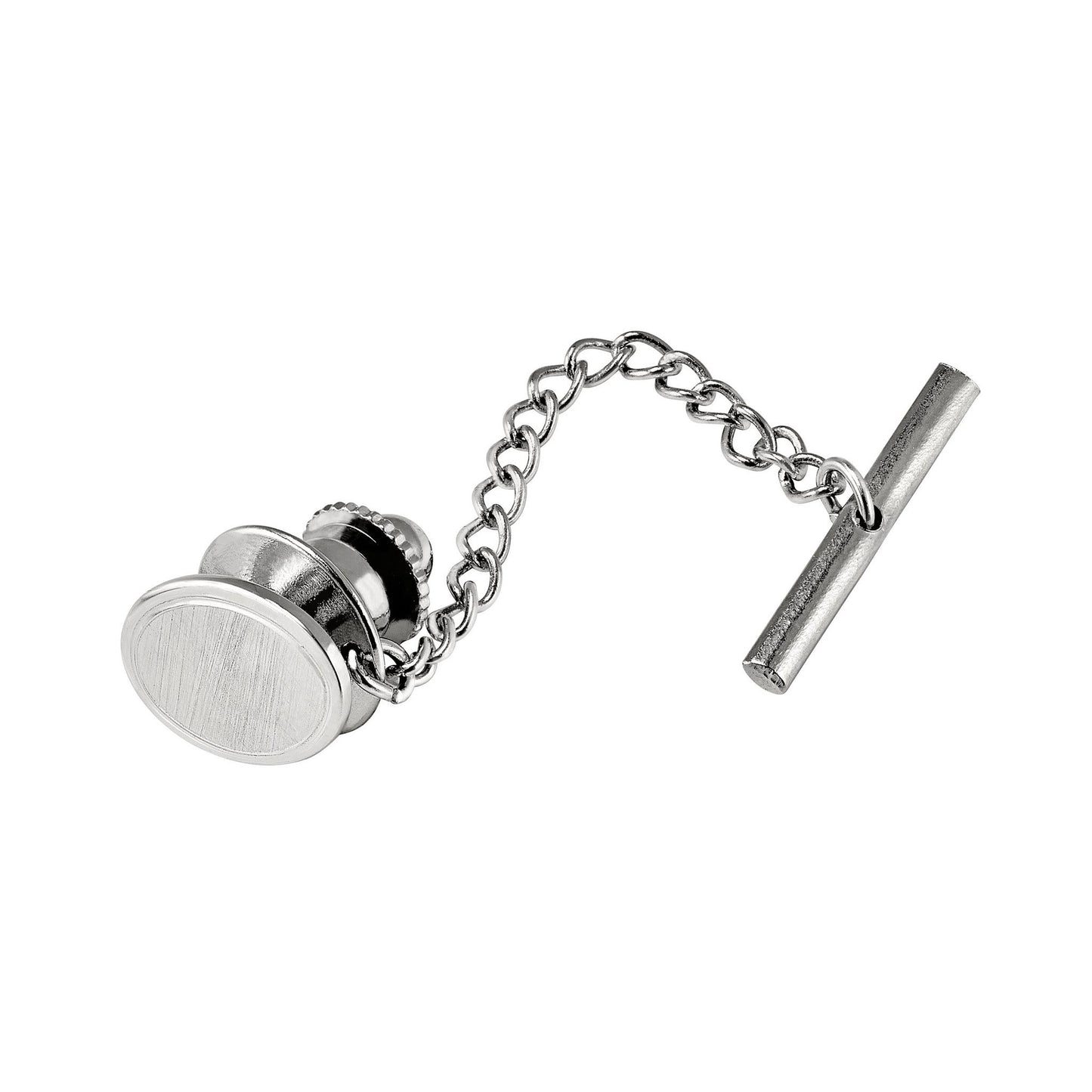 A sterling silver oval florentine tie tack displayed on a neutral white background.