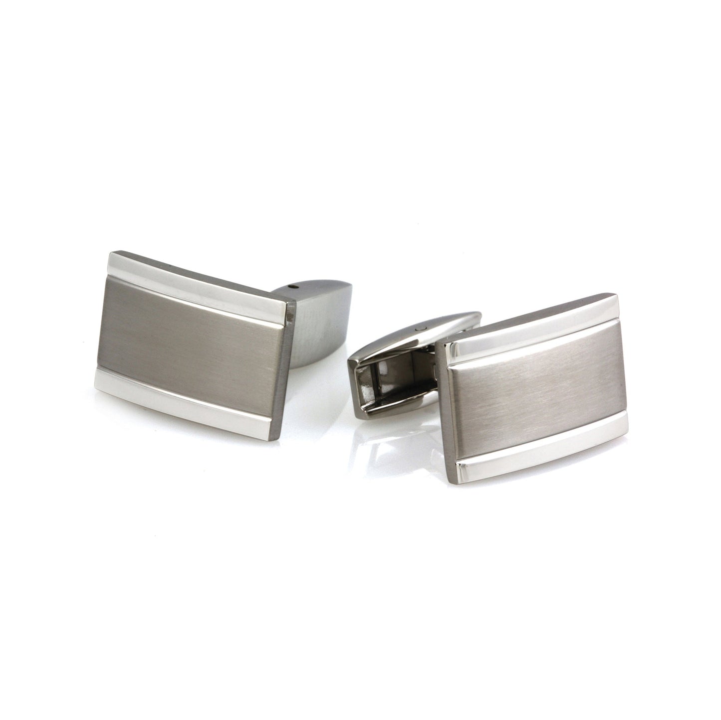 A stainless steel cufflinks with satined center & polish edges displayed on a neutral white background.