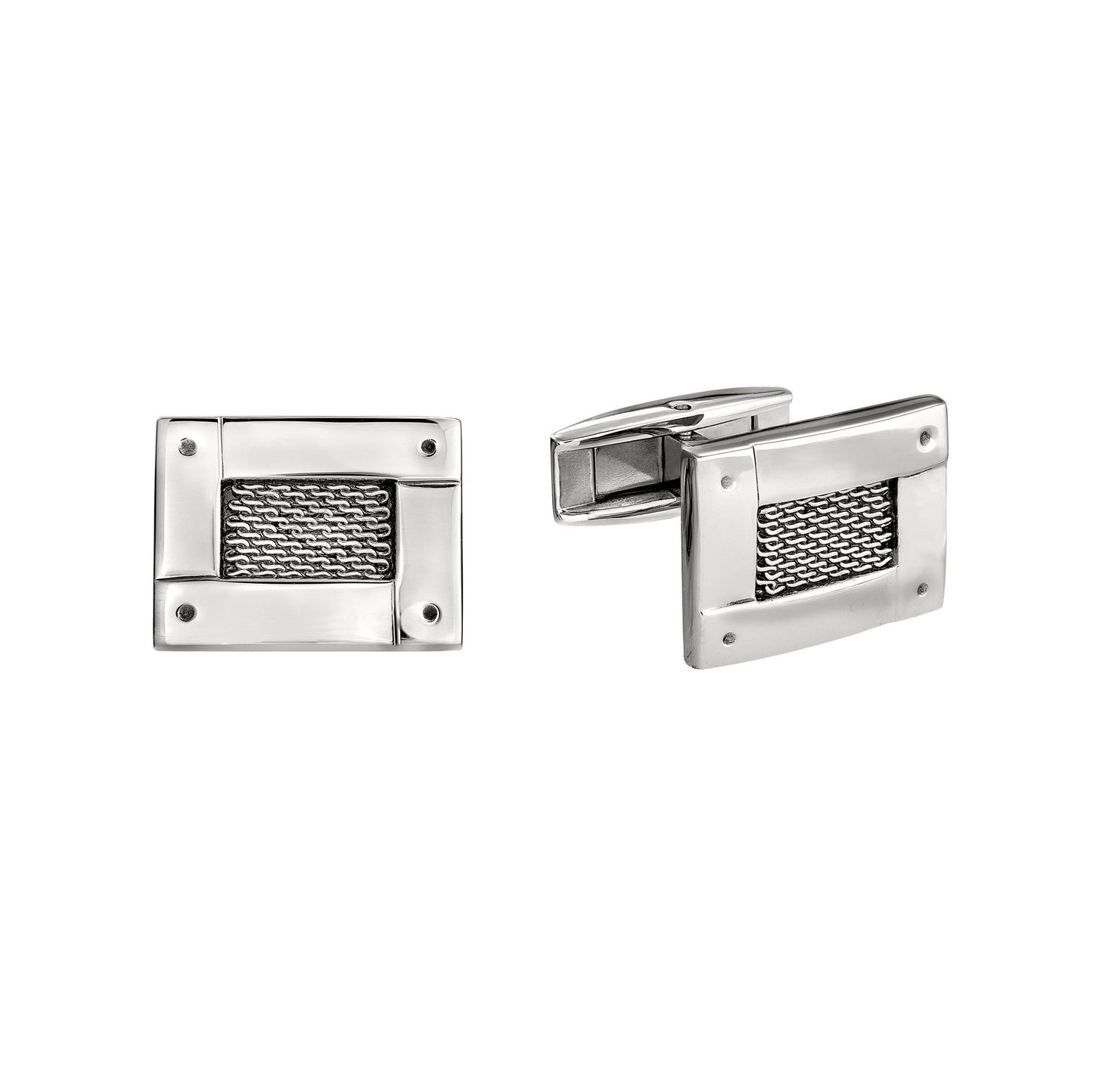 A stainless steel mesh insert 4-way polished cufflinks displayed on a neutral white background.