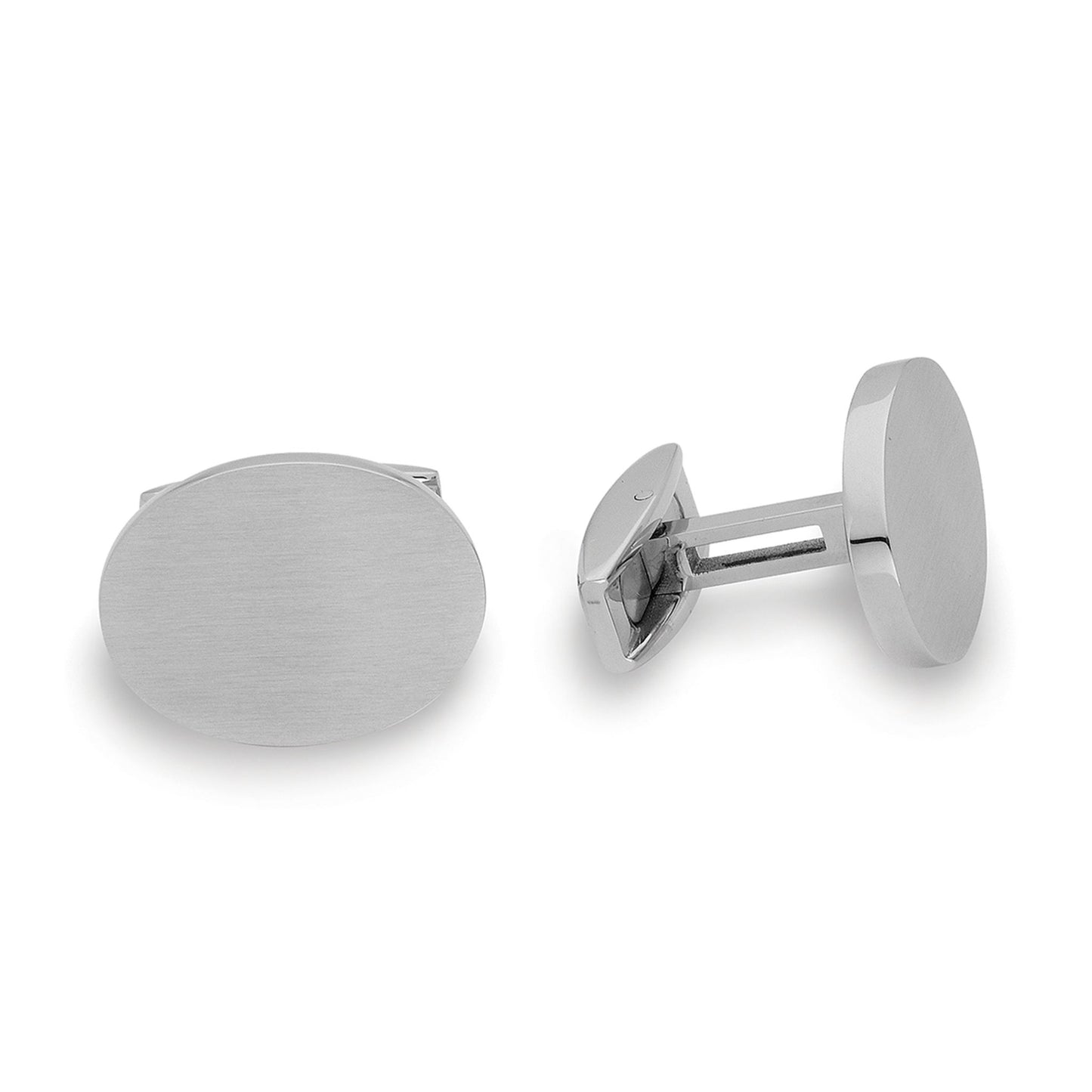 A stainless steel brushed oval cufflinks displayed on a neutral white background.