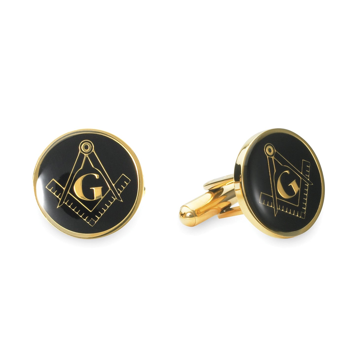 A stainless steel round black & gold masonic symbol cufflinks displayed on a neutral white background.