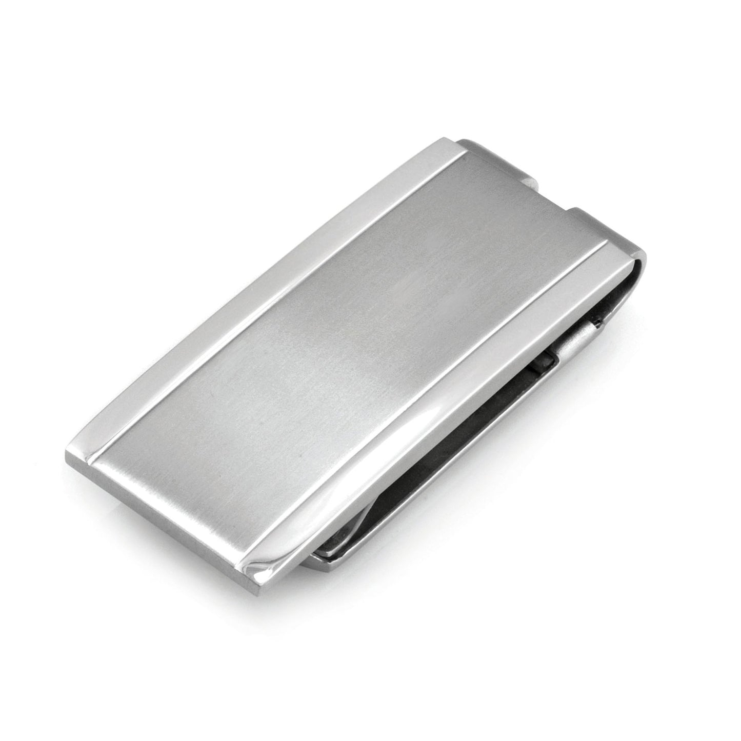 A stainless steel satined money clip with polish edges displayed on a neutral white background.