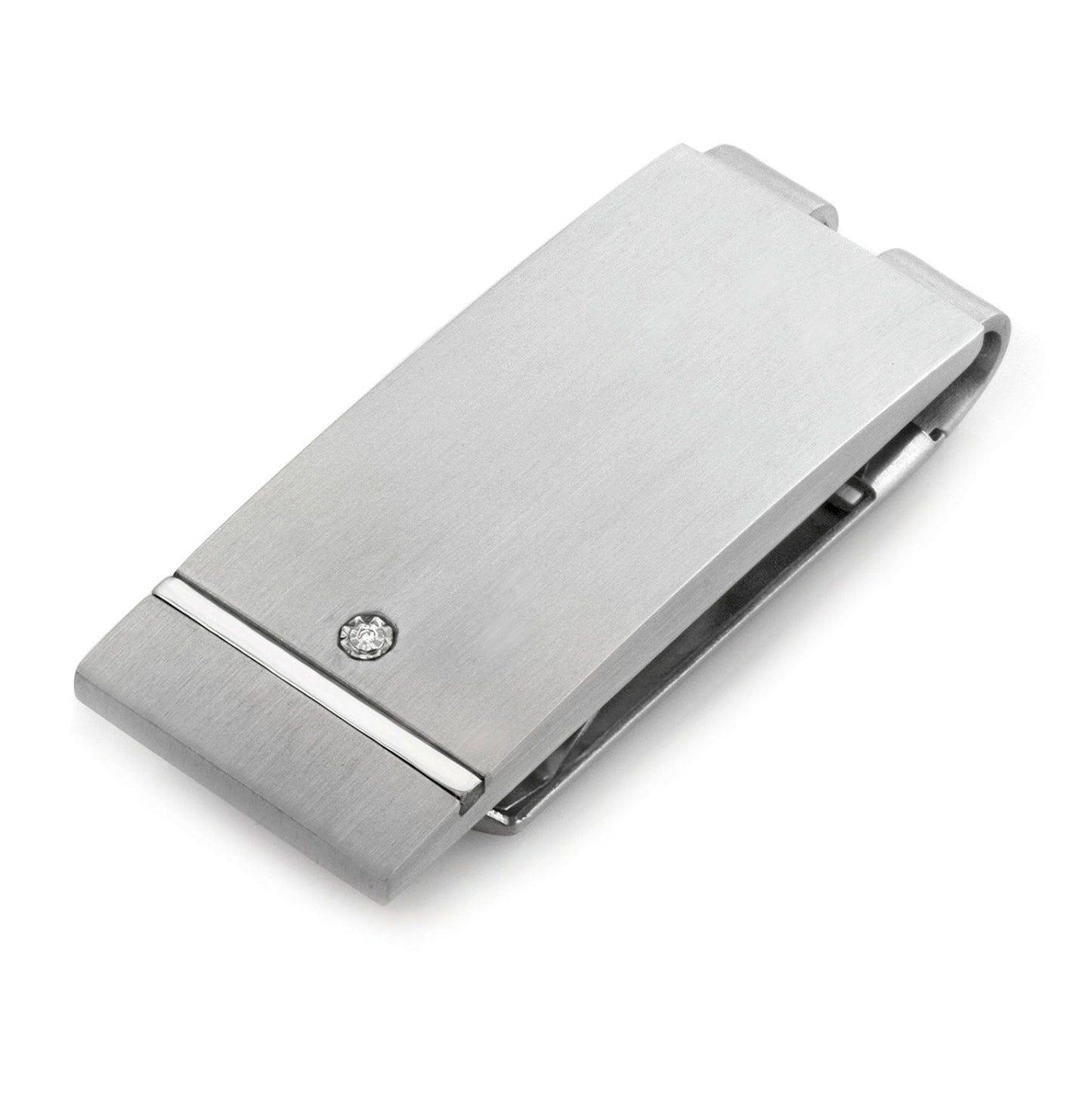 A stainless steel satined money clip with polished stripe & .005pt diamond displayed on a neutral white background.