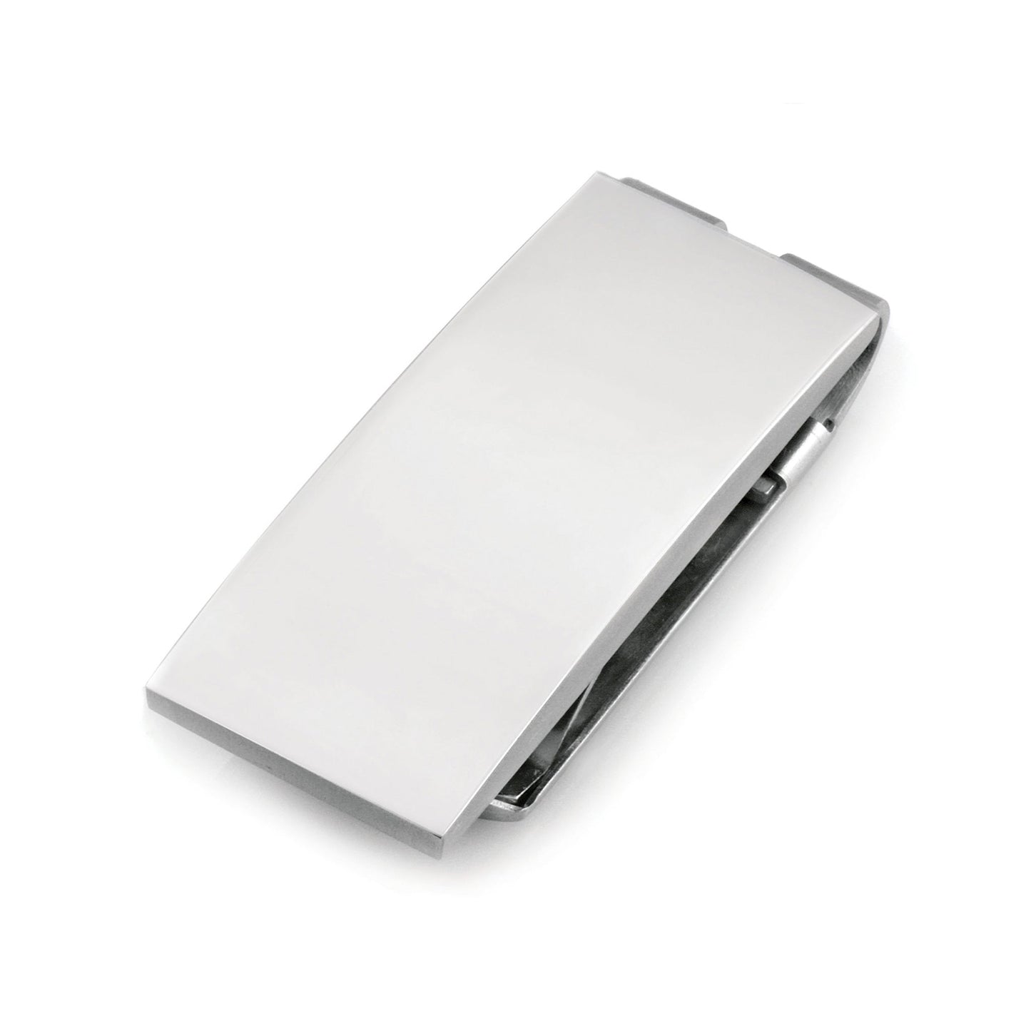 A stainless steel polished money clip displayed on a neutral white background.