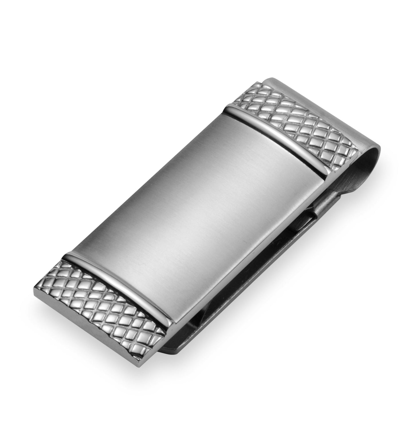 A stainless steel money clup with brush center & x-pattern on end displayed on a neutral white background.