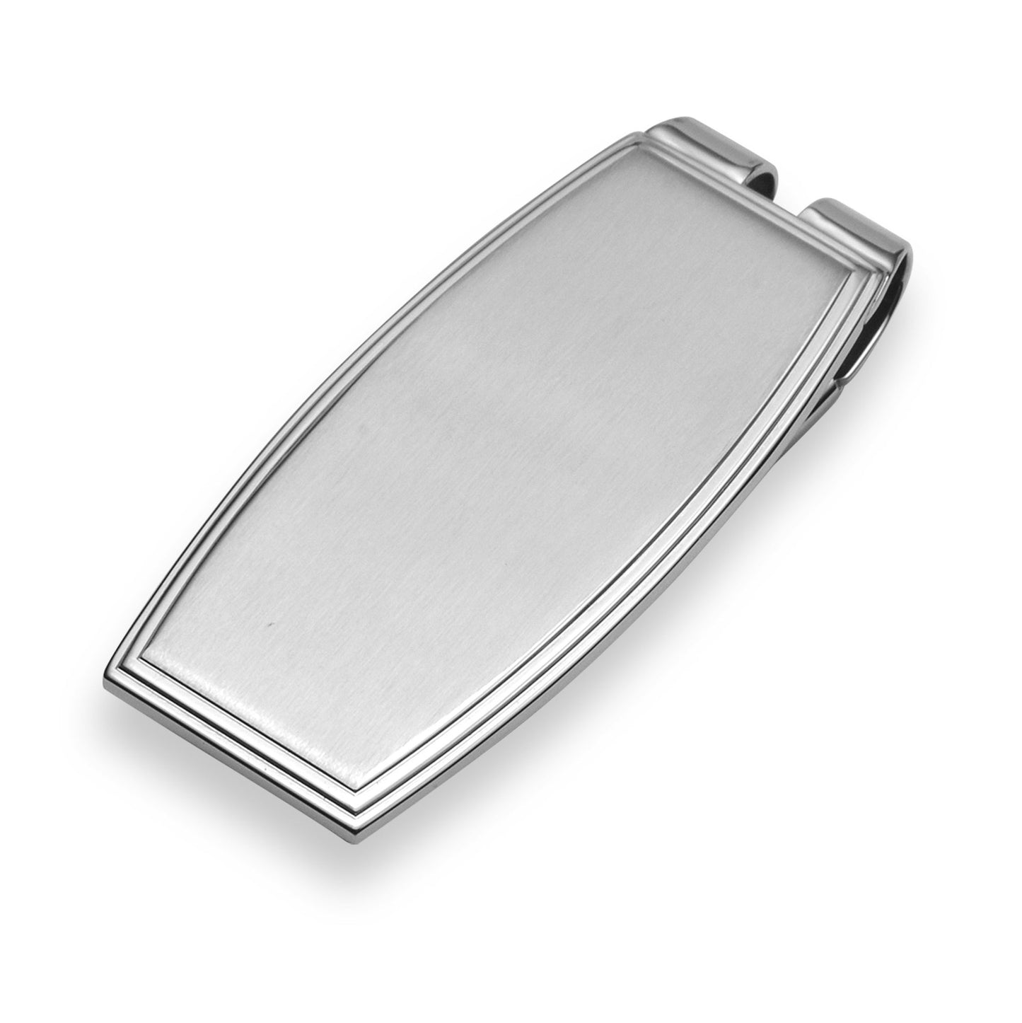 A stainless steel barrel money clip with brush top & polished steps displayed on a neutral white background.