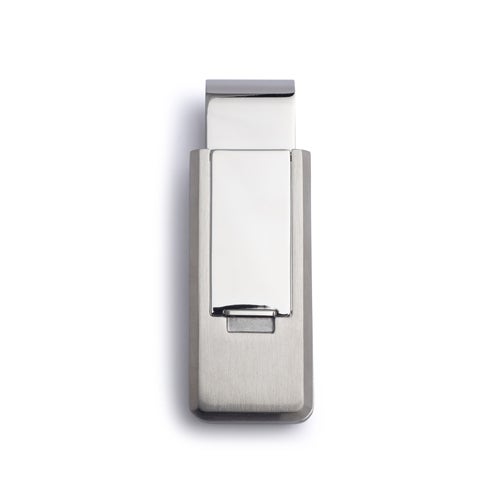 A stainless steel flip money clip displayed on a neutral white background.