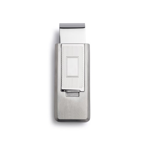 A stainless steel flip money clip with square center displayed on a neutral white background.