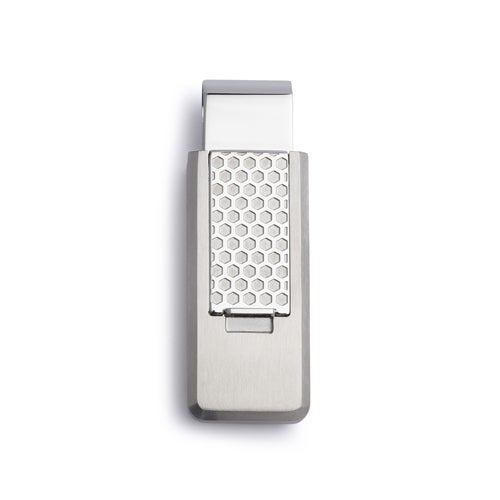 A stainless steel flip money clip with honeycomb pattern displayed on a neutral white background.