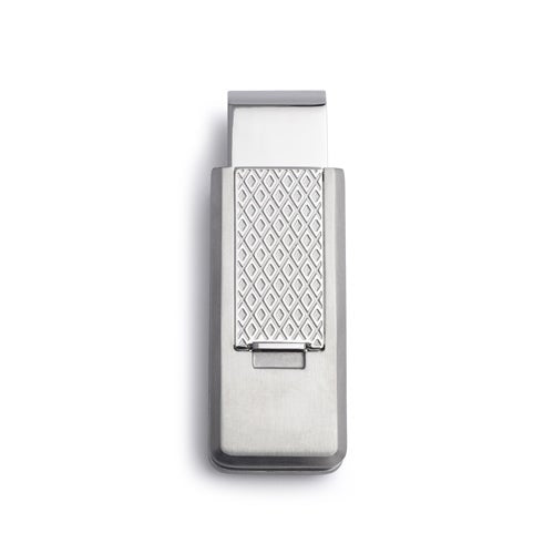 A stainless steel flip money clip with diamond pattern displayed on a neutral white background.