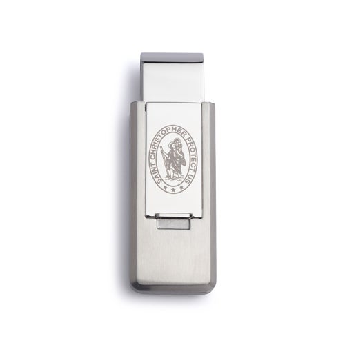 A stainless steel flip money clip with st. christopher displayed on a neutral white background.
