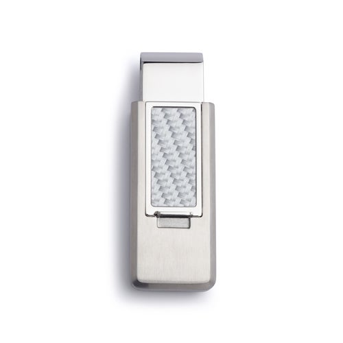 A stainless steel flip money clip with white carbon fiber accent displayed on a neutral white background.