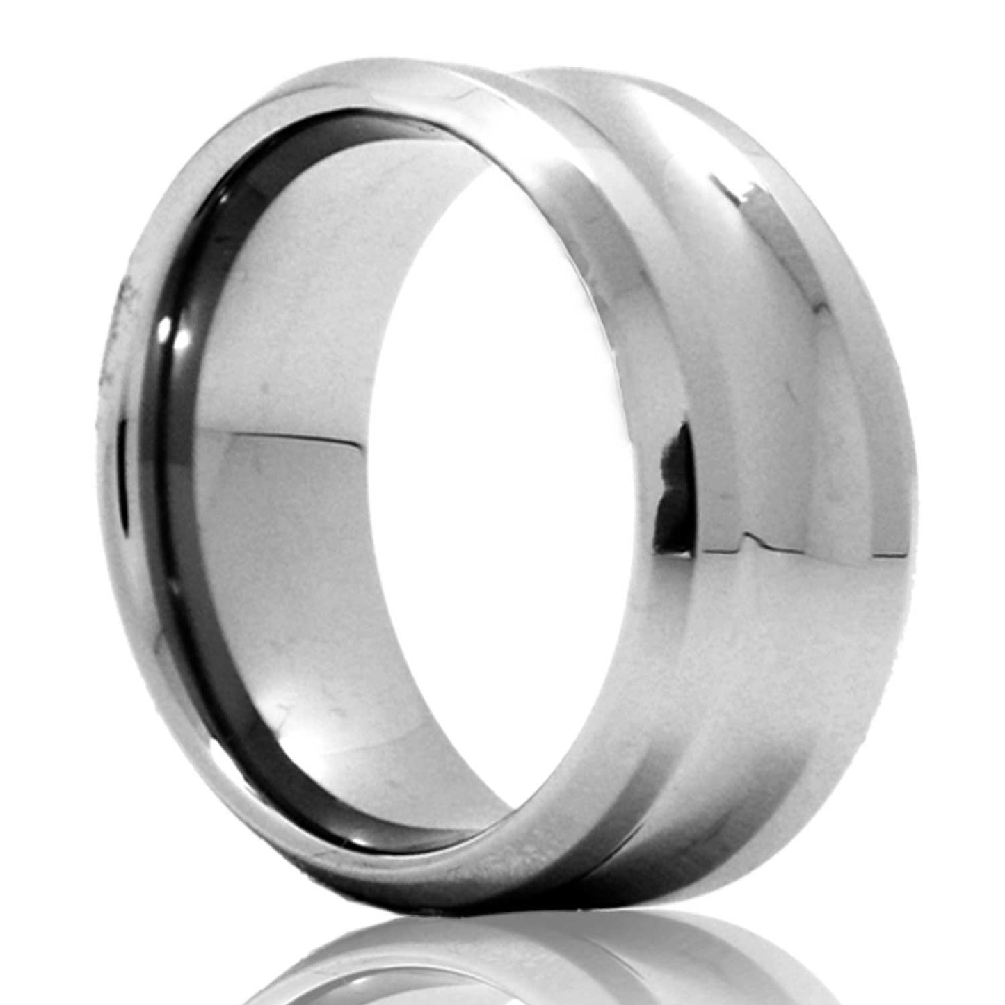 A concave grooved tungsten wedding band with beveled edges displayed on a neutral white background.