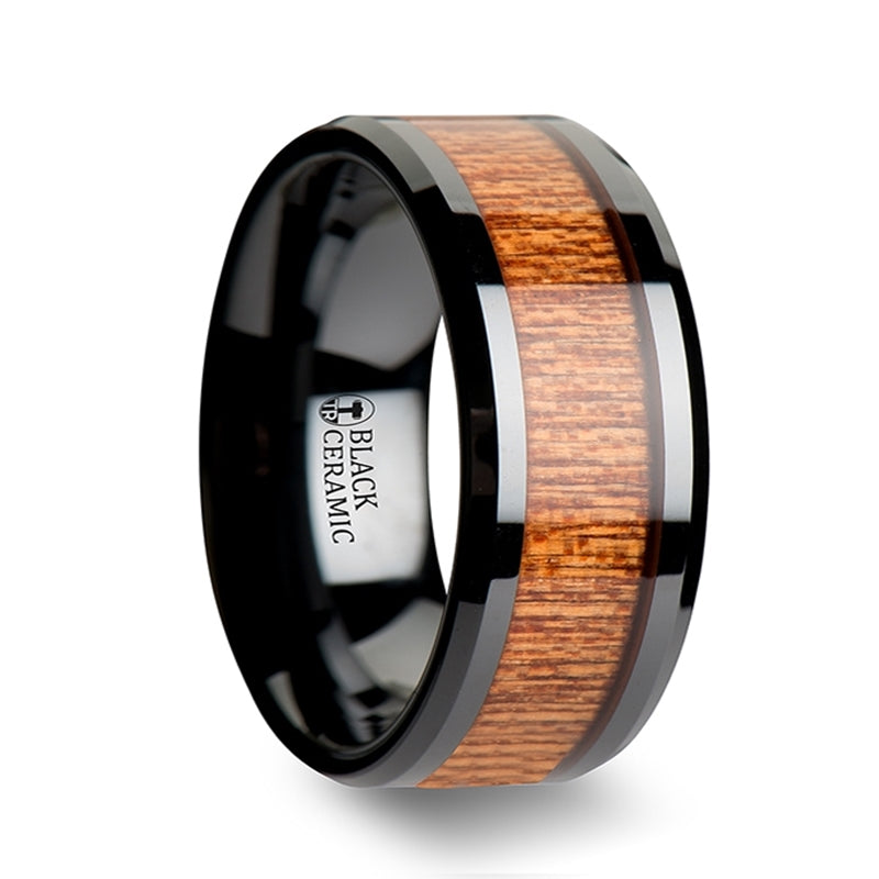 African Sapele Wood Inlaid Black Ceramic Couple's Matching Wedding Band Set