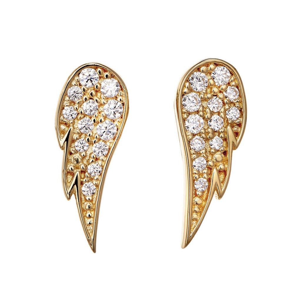 A angel wing earrings with simulated diamonds displayed on a neutral white background.