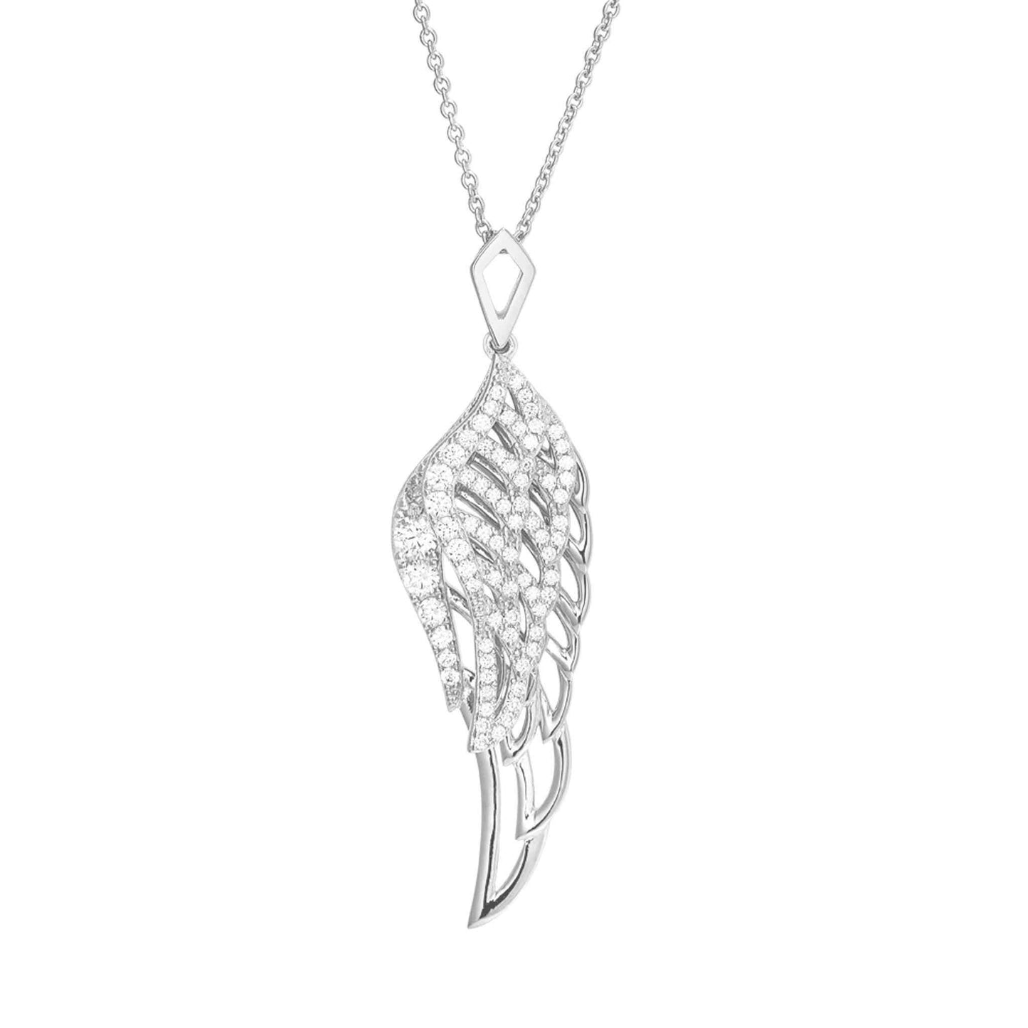 A angel wing necklace with simulated diamonds displayed on a neutral white background.