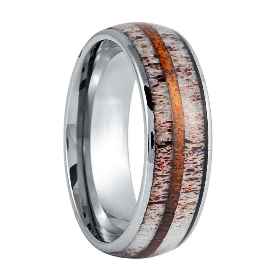 Antler & Wood Inlaid Silver Tungsten Men's Wedding Band
