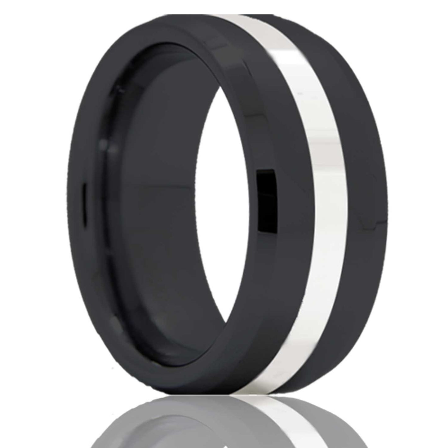 Argentium Silver Inlay Zirconium Wedding Band with Beveled Edges