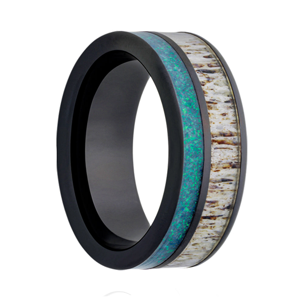 Asymmetrical Deer Antler & Blue Opal Black Ceramic Men's Wedding Band