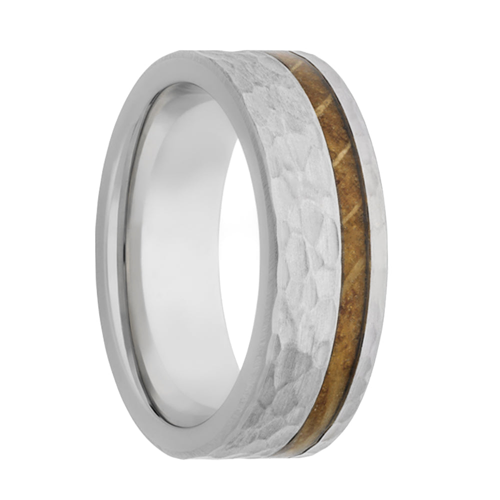 Asymmetrical Whiskey Barrel Wood Inlay Hammered Cobalt Wedding Band