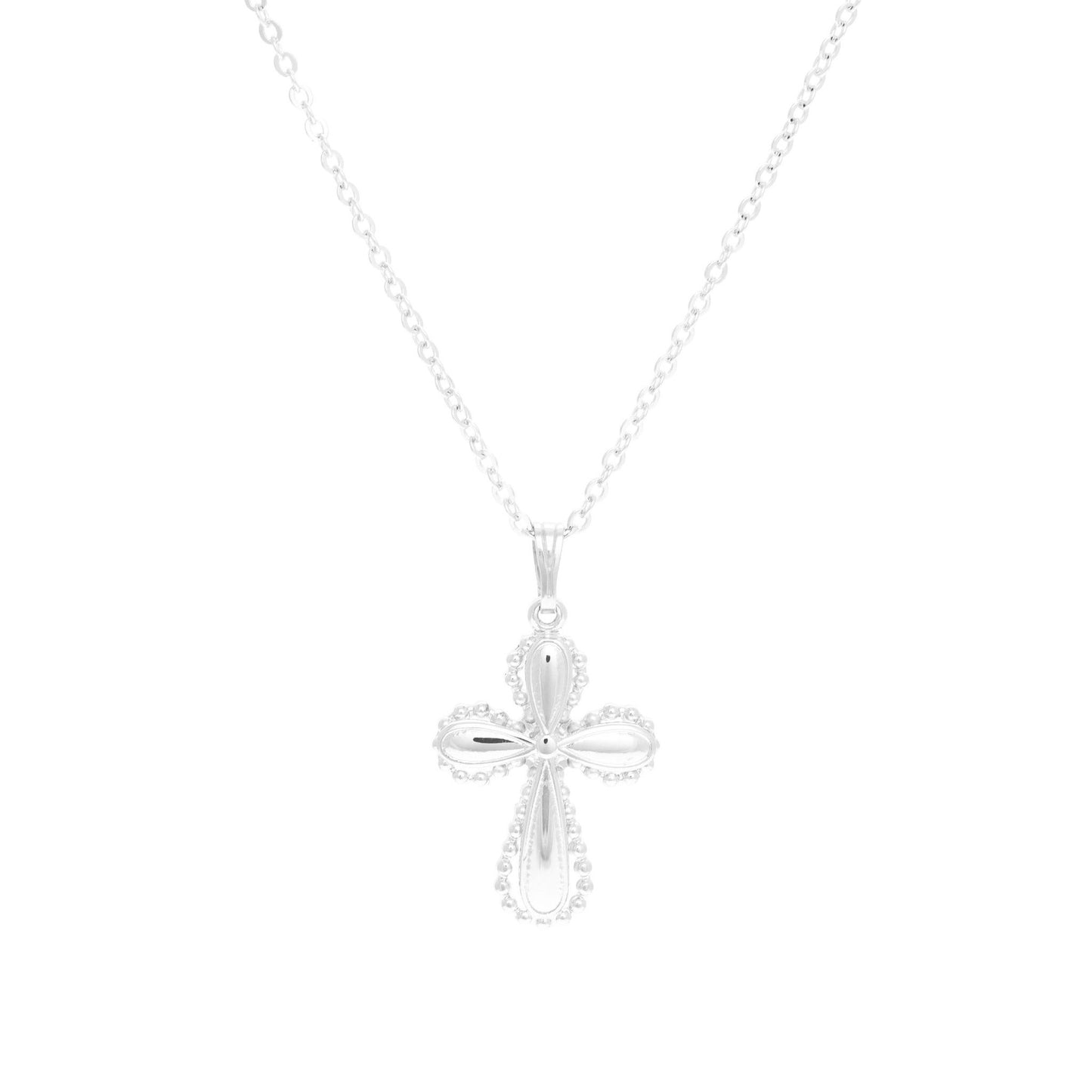 A beaded edge cross necklace displayed on a neutral white background.