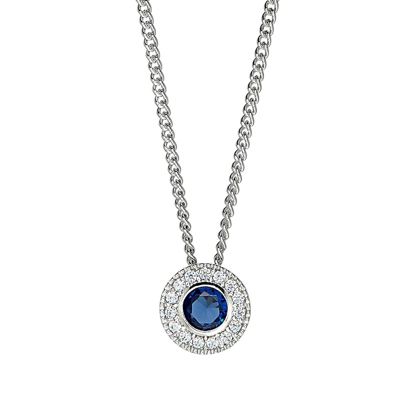 A birthstone halo-style necklace with simulated diamonds displayed on a neutral white background.