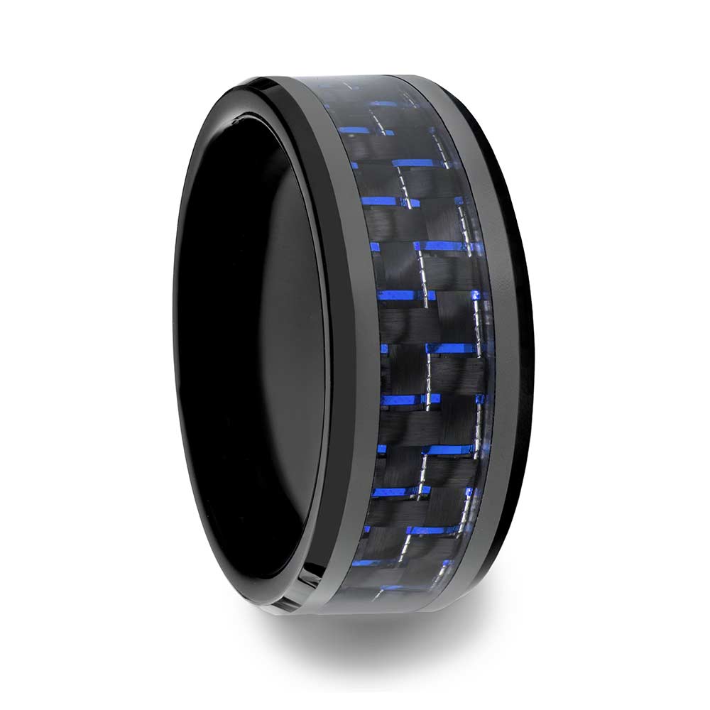 Black & Blue Carbon Fiber Inlaid Ceramic Couple's Matching Wedding Band Set