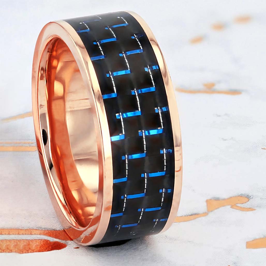 Black & Blue Carbon Fiber Inlay 14k Rose Gold Men's Wedding Band