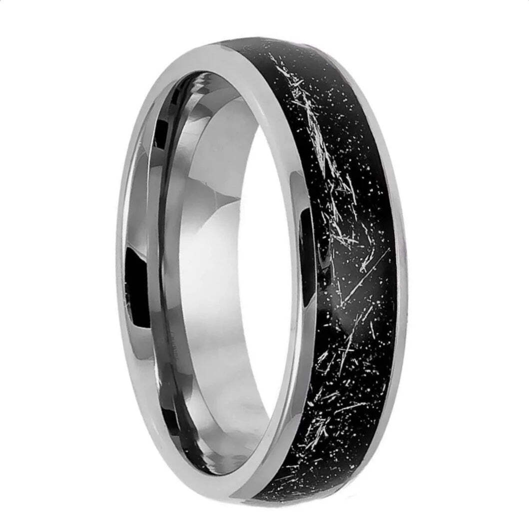Black Carbon Fiber & Imitation Meteorite Inlay Tungsten Men's Wedding Band