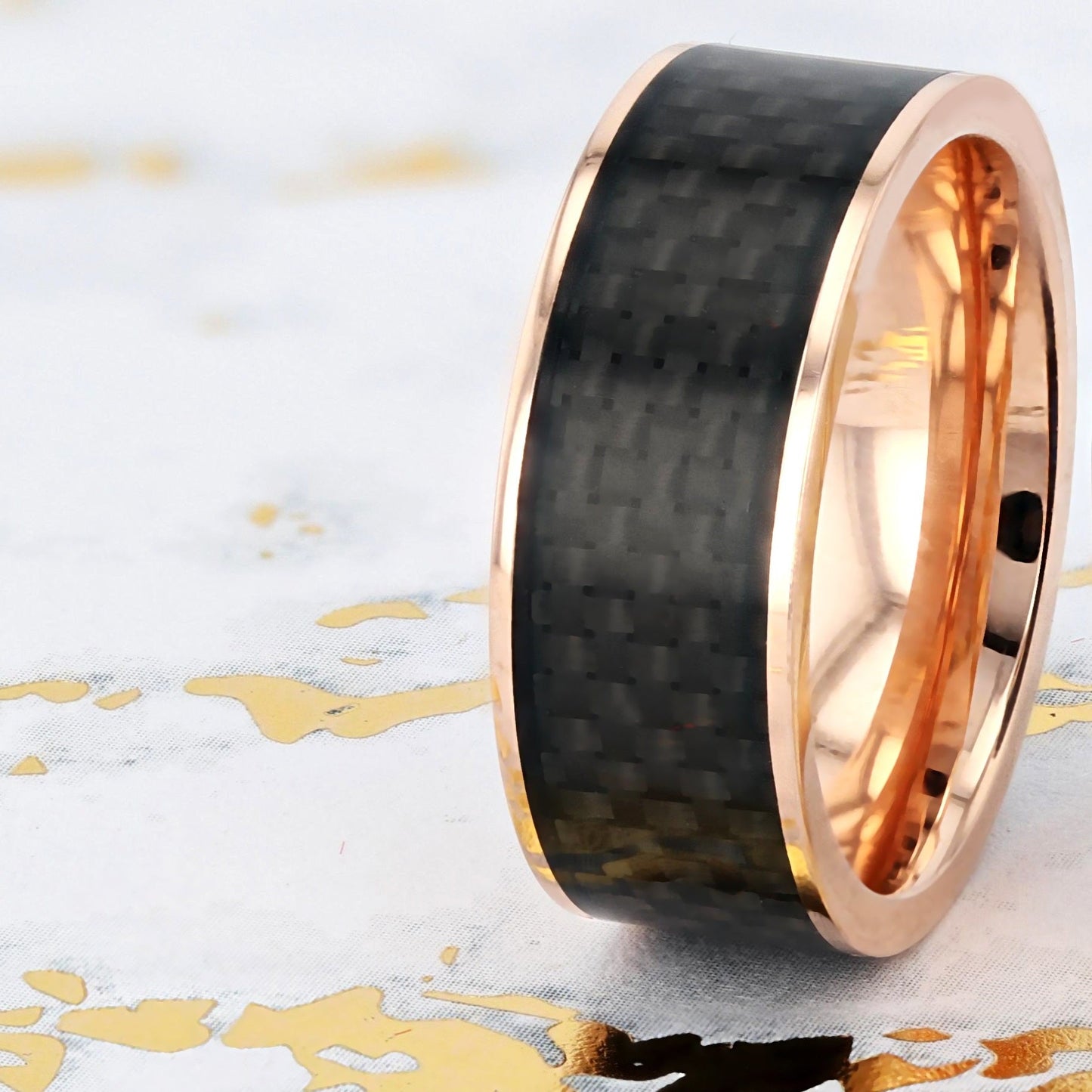 Black Carbon Fiber Inlay 14k Rose Gold Men's Wedding Band