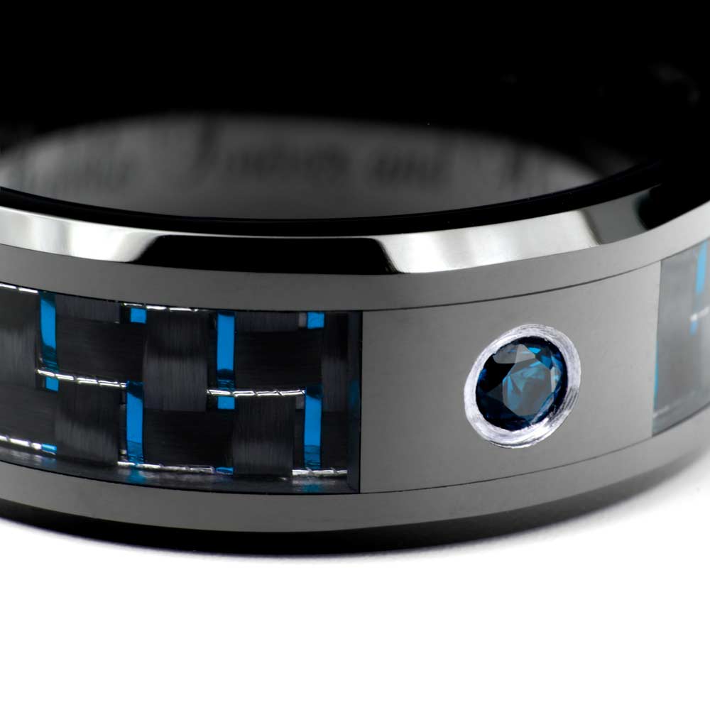 Black Ceramic Men's Wedding Band with Black & Blue Carbon Fiber and Blue Sapphire
