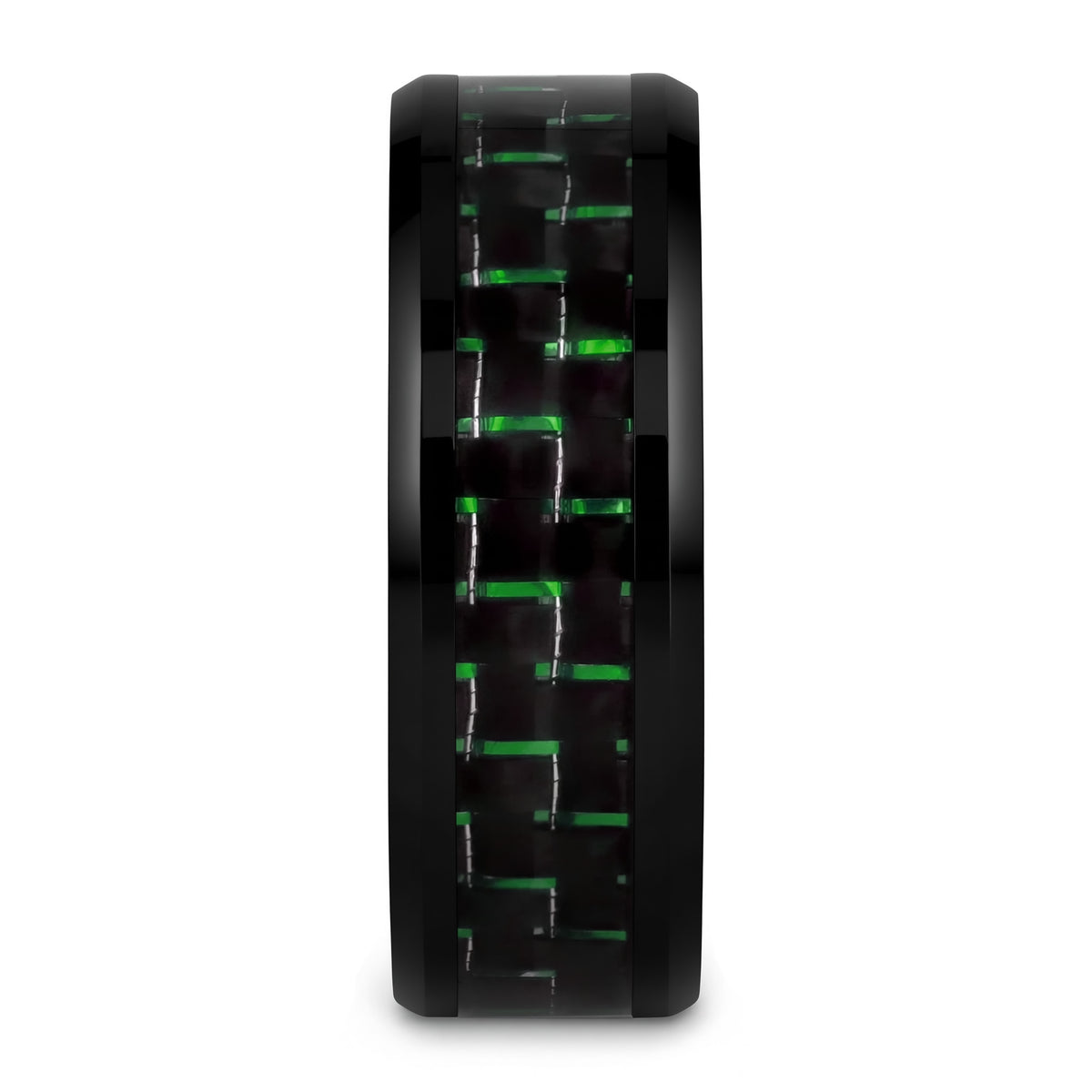 Black Ceramic Men's Wedding Band with Black & Green Carbon Fiber Inlay