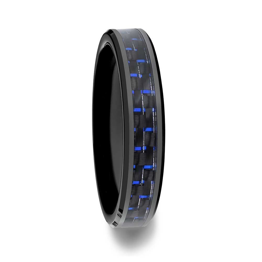 Black Ceramic Men's Wedding Band with Blue & Black Carbon Fiber Inlay