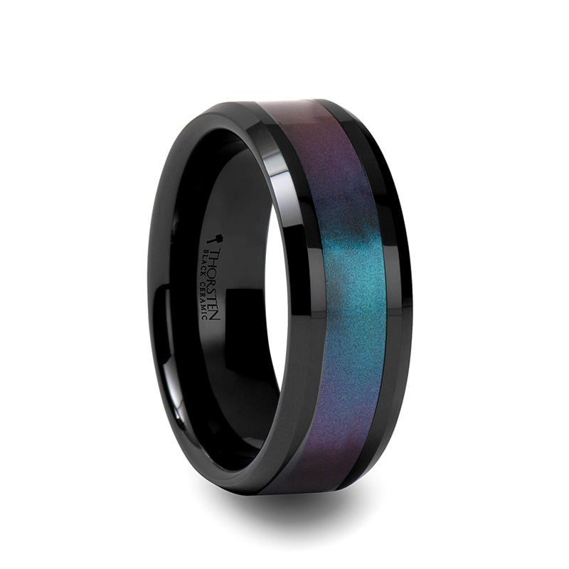 Black Ceramic Men's Wedding Band with Blue & Purple Color Changing Inlay
