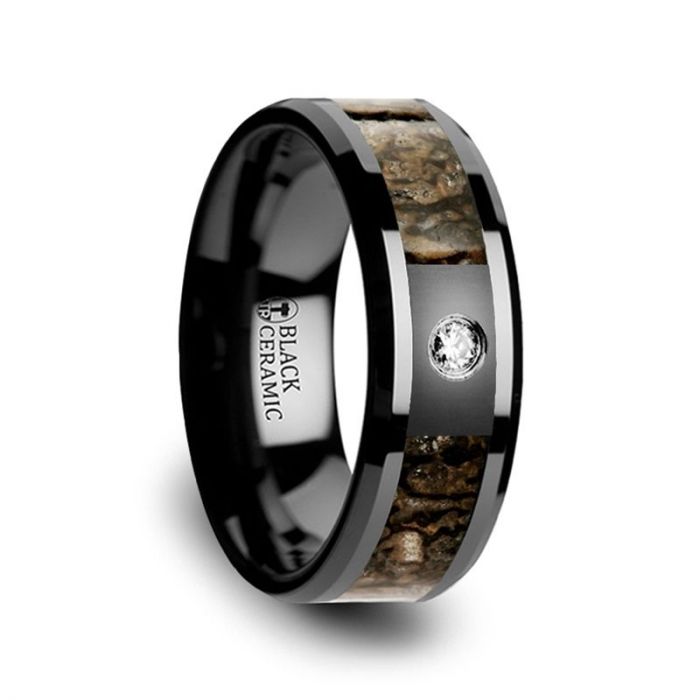 Black Ceramic Men's Wedding Band with Brown Dinosaur Bone Inlay & Diamond