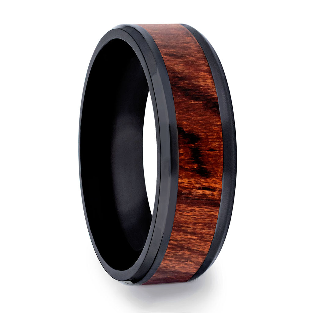 Black Ceramic Men's Wedding Band with Bubinga Wood Inlay