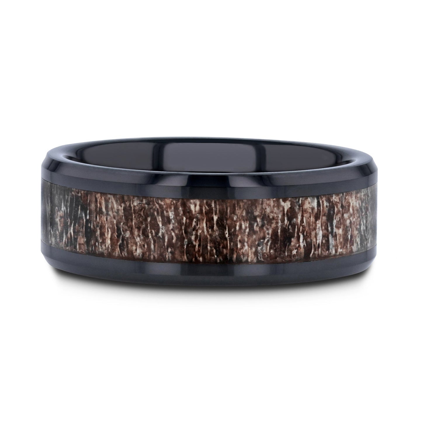 Black Ceramic Men's Wedding Band with Dark Brown Antler Inlay