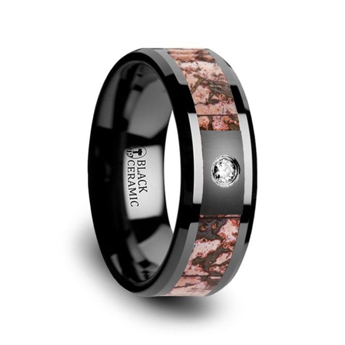 Black Ceramic Men's Wedding Band with Pink Dinosaur Bone Inlay & Diamond