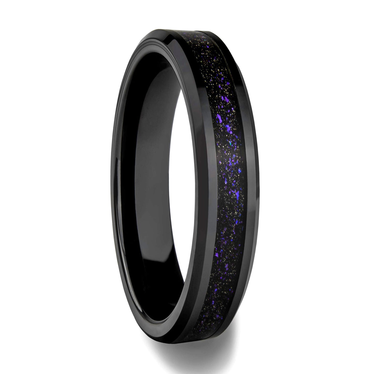 Black Ceramic Men's Wedding Band with Purple Galaxy Goldstone Inlay