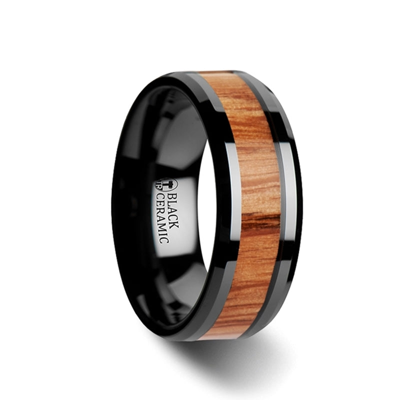 Black Ceramic Men's Wedding Band with Red Oak Wood Inlay