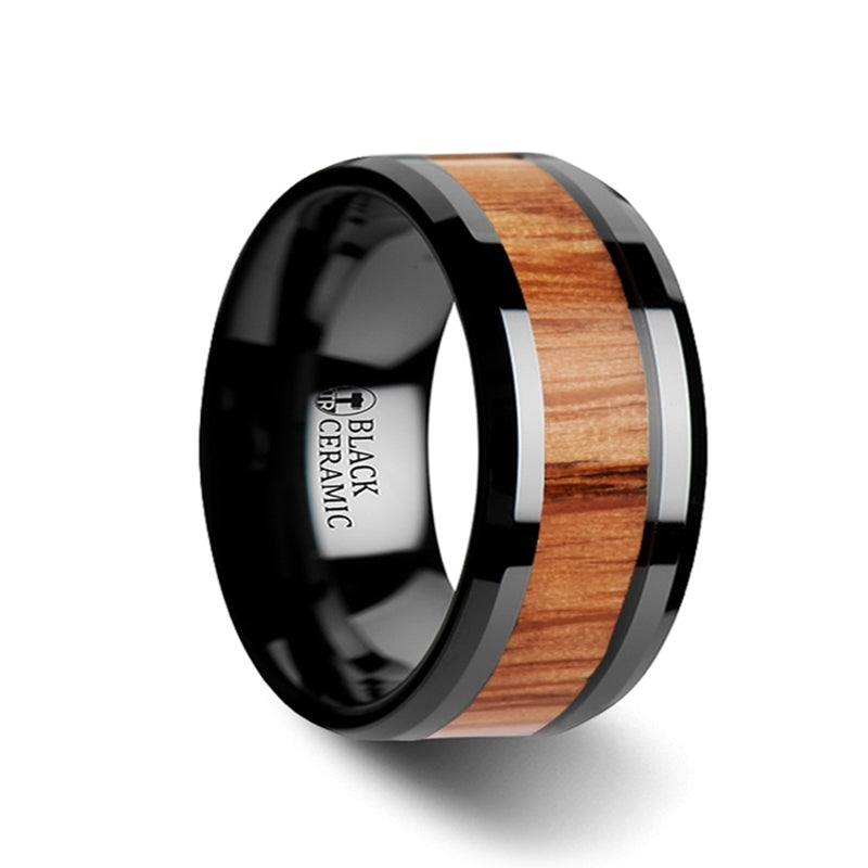 Black Ceramic Men's Wedding Band with Red Oak Wood Inlay