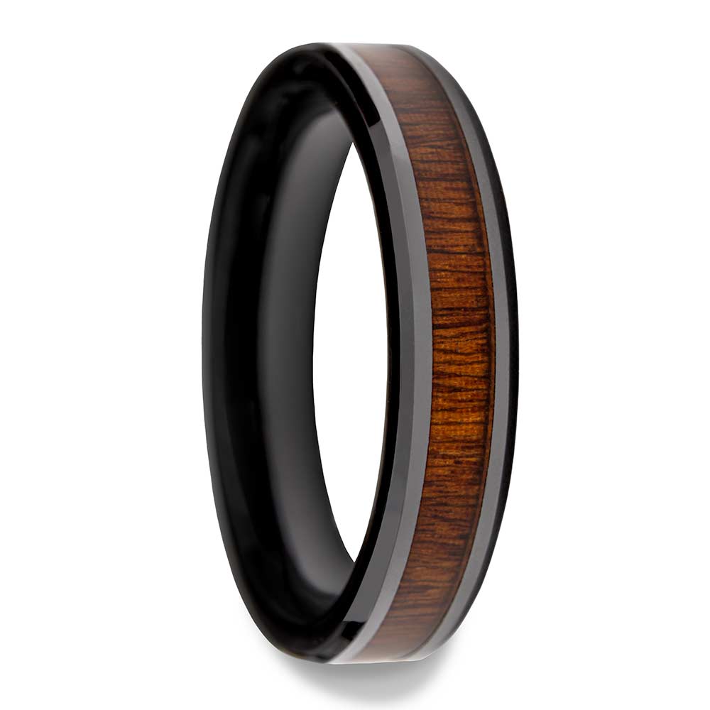 Black Ceramic Men's Wedding Band with Rosewood Inlay