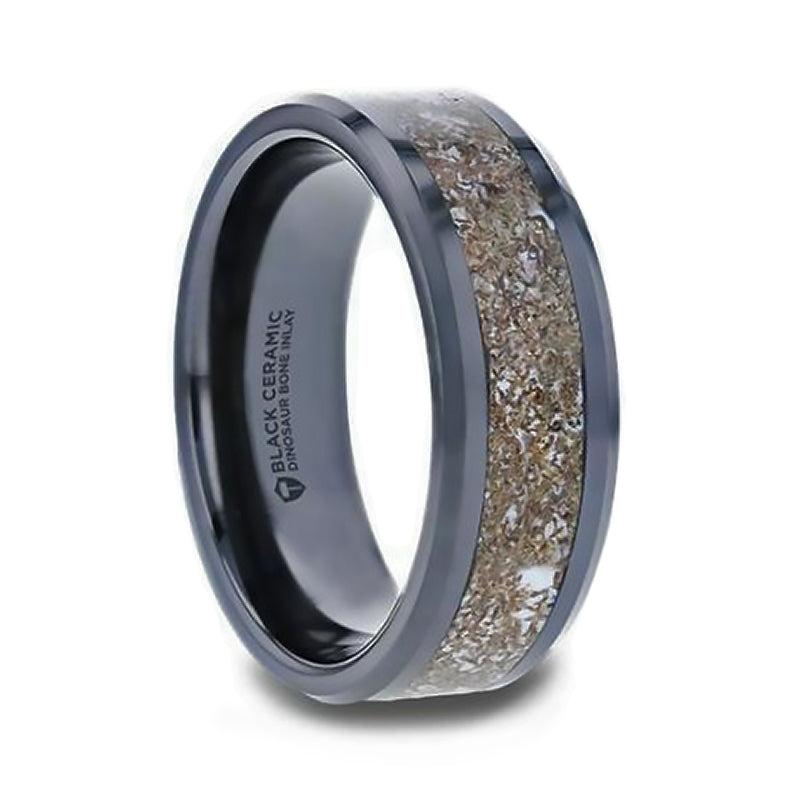 Black Ceramic Men's Wedding Band with White Dinosaur Bone Inlay
