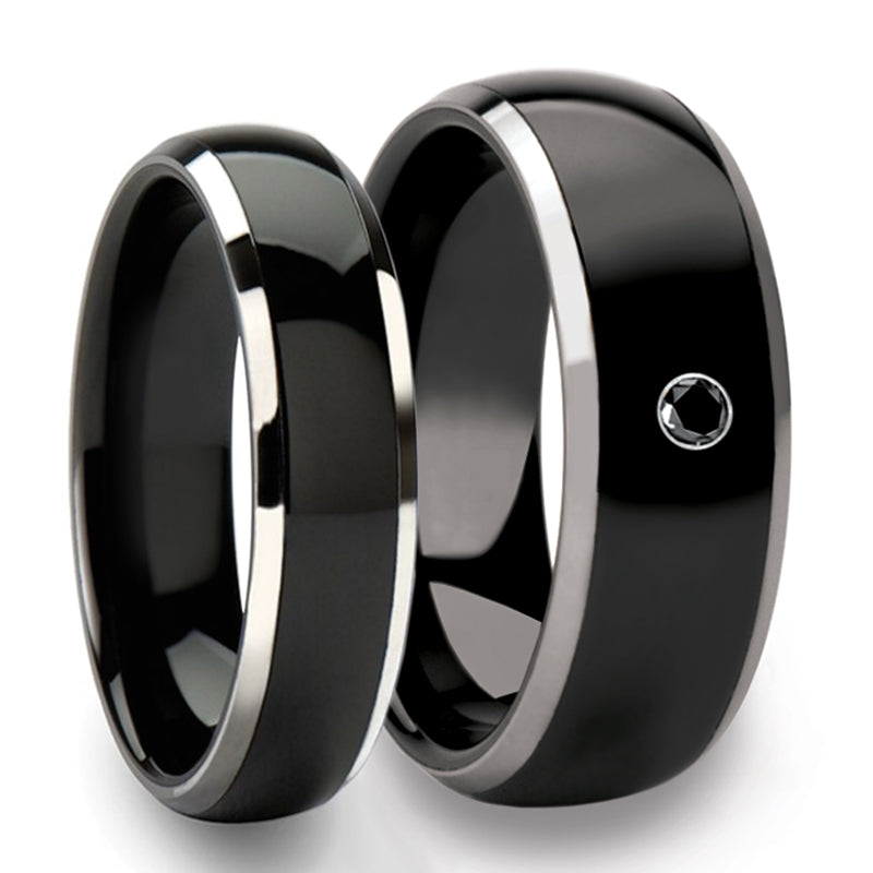 Black Ceramic & Tungsten with Black Diamond Couple's Matching Wedding Band Set