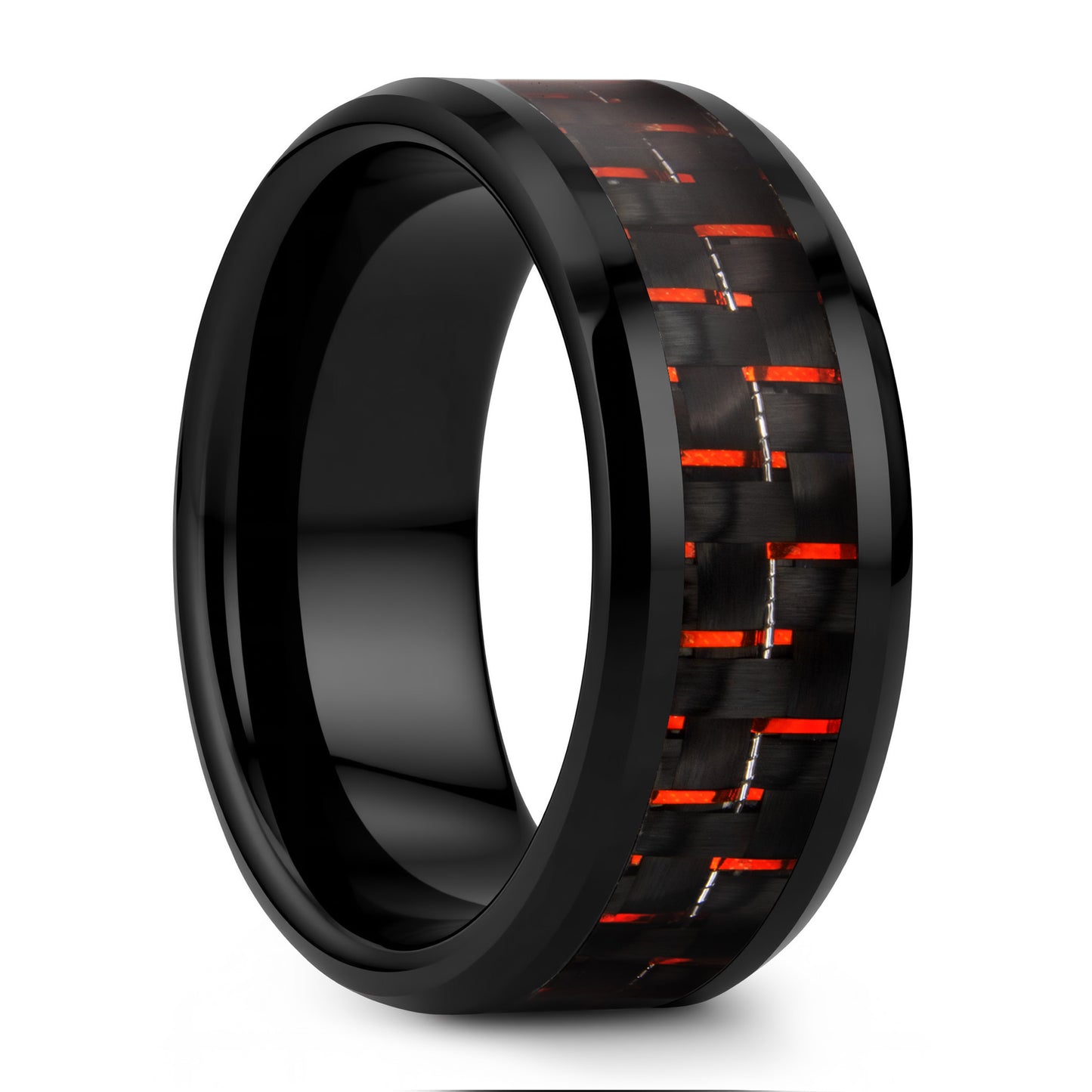 Black Ceramic Men's Wedding Band with Black & Red Carbon Fiber Inlay