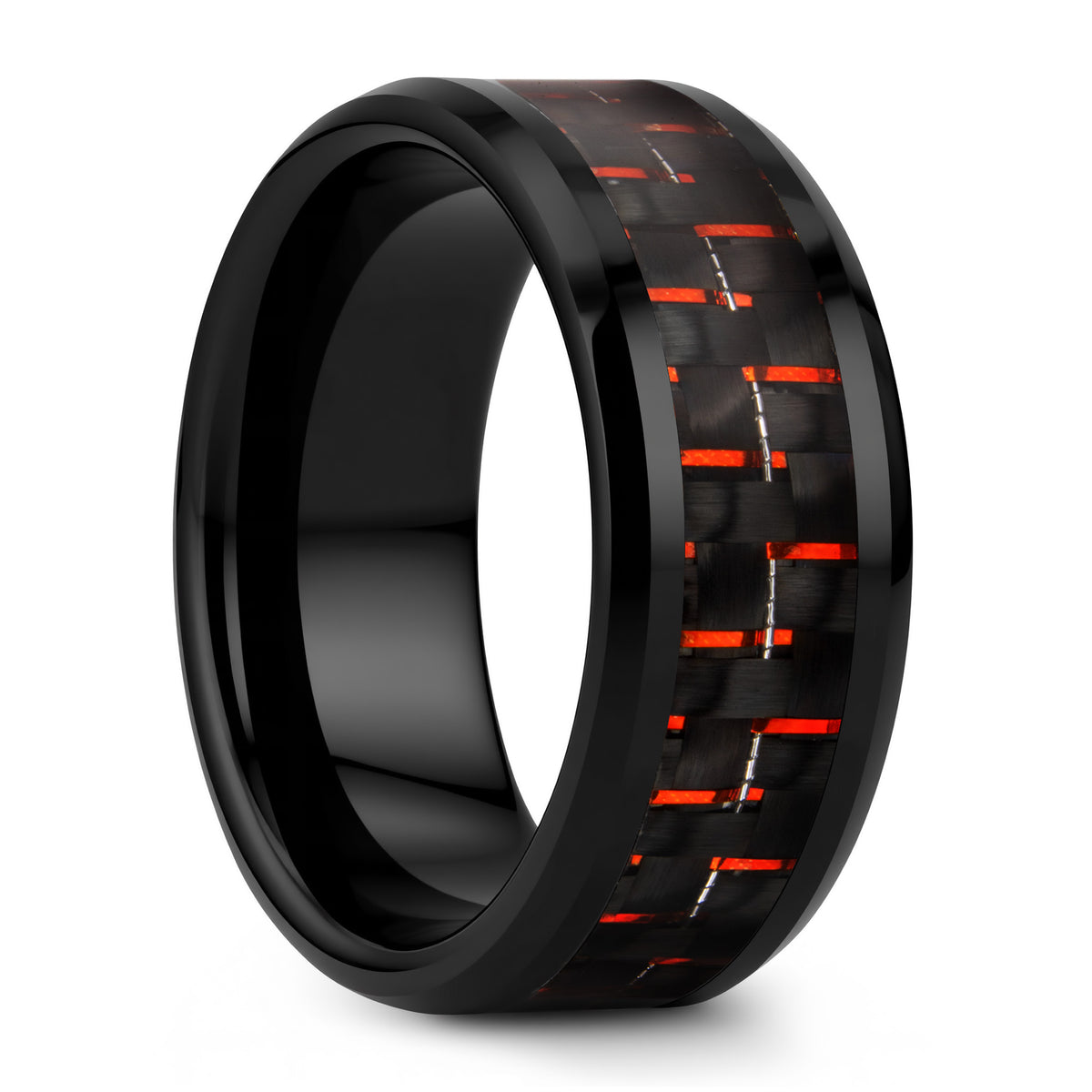 Black Ceramic Men's Wedding Band with Black & Red Carbon Fiber Inlay