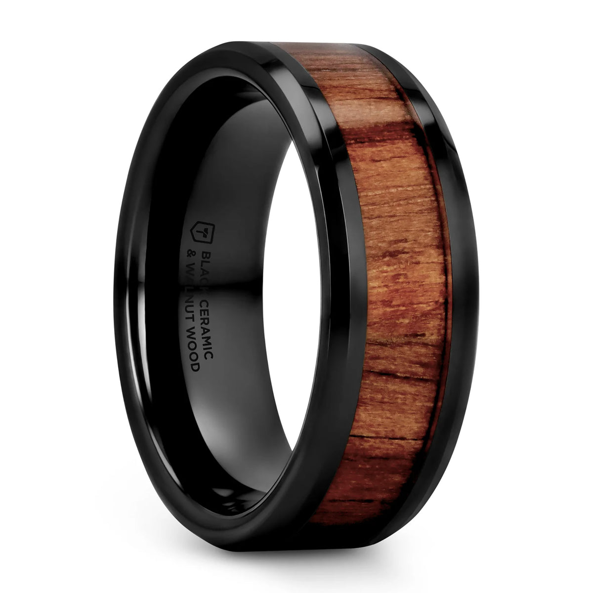Black Ceramic Wedding Band with Black Walnut Wood Inlay