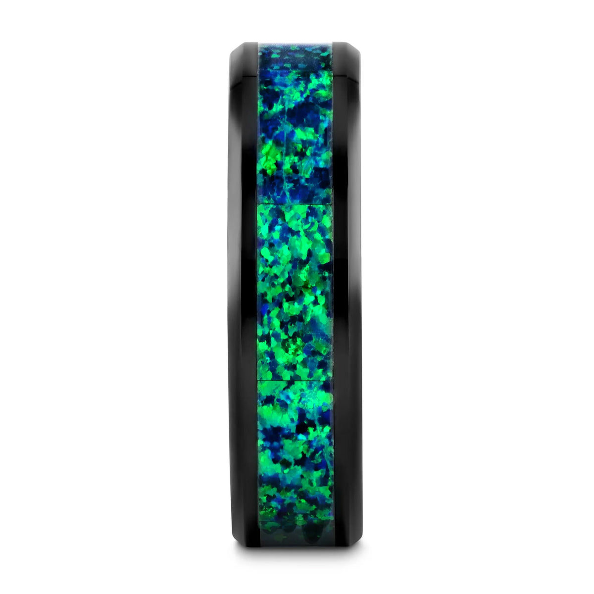 Black Ceramic Wedding Band with Green & Blue Opal Inlay