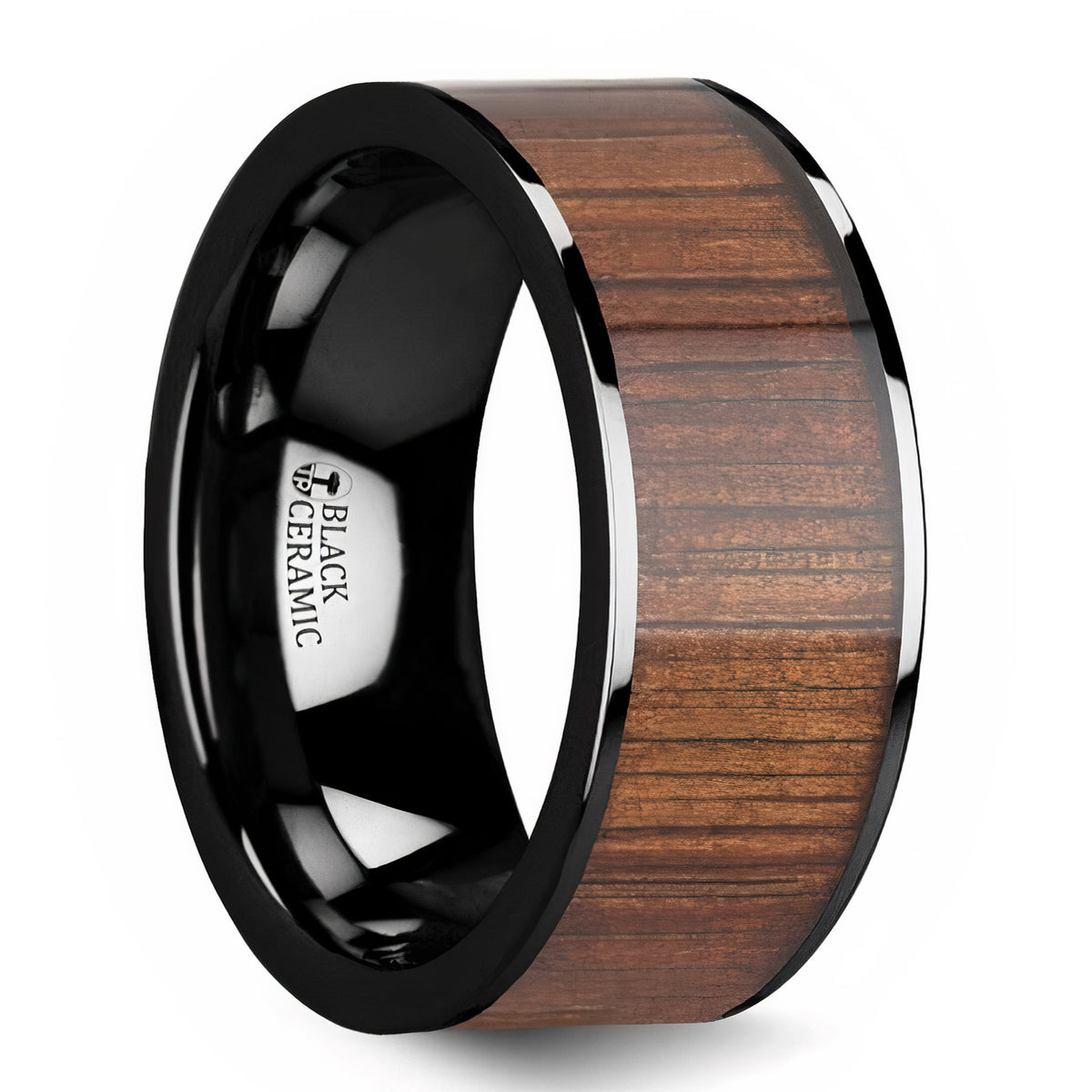 Black Ceramic Wedding Band with Koa Wood Inlay